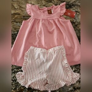 Pink Ruffle Top and Striped Shorts Set